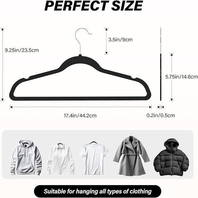 Simple Deluxe Velvet Hangers 50 Pack, Non-Slip Clothes Hangers with Shoulder Notches, 360° Swivel Hooks, Heavy Duty Coat Suit Hangers for Closet Space Saving, Black