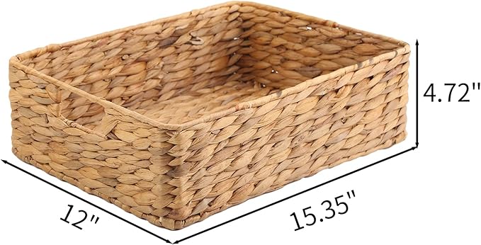 YAHUAN Water Hyacinth Storage Basket, Handwoven, 15.35L x 12W x 4.72H in, Brown
