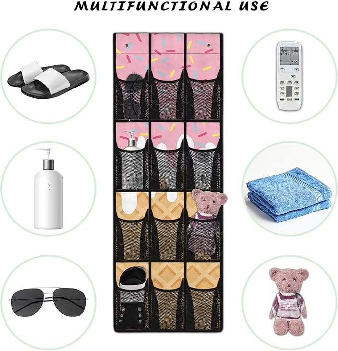 Over Door Hanging Organizer - 12 Reinforced Pockets for Diapers, Cleaning Supplies, Toys, Anti-Slip Metal Hooks,Ice Cream