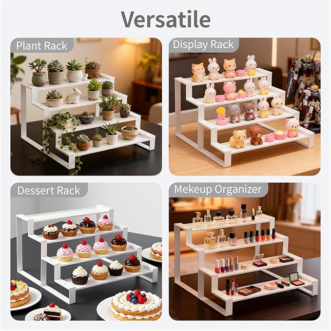 GOENDR Cologne Organizer for Men, 11.8 inch 4 Tier Metal Perfume Organizer Stand, Versatile Step Display Risers Shelf for Fragrance, Skincare, Figurine, Cupcake, Dessert, Spice, 1 Set White