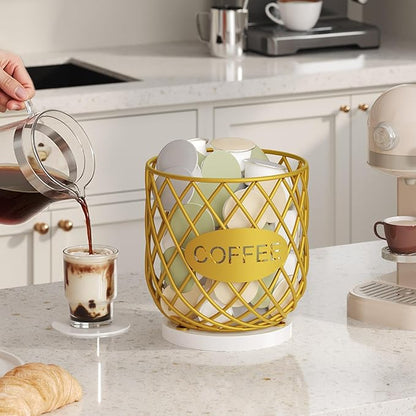 YATINEY Coffee Pod Holder Organizer, Holder for K Cup, Large Capacity Coffee Pod Basket, Versatile Coffee Capsule Storage Organizer, for Kitchen Countertop, Gold and White KH09DW