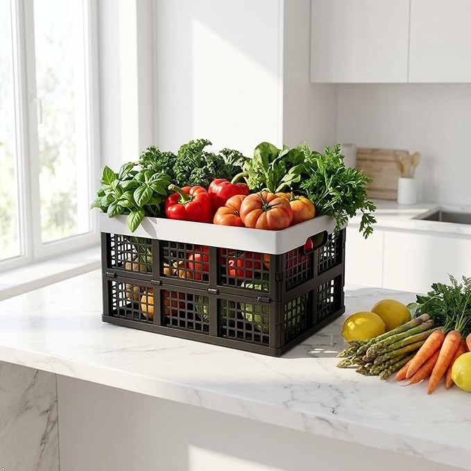Kekow 30 L Black Plastic Collapsible Storage Basket, 3-Pack Folding Crates Storage