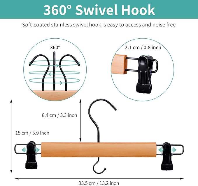 Premium Wooden Pants Hangers 10 Pack, Skirt Hangers with Two Sure Grip Clips, Noise Canceling Swivel Hook (Clear Natural)
