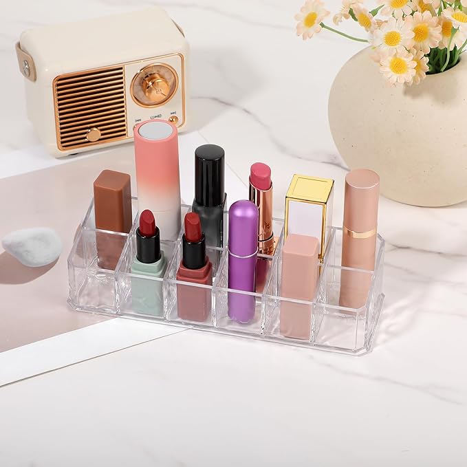 4 PCS Acrylic Lipstick Organizer, Lipstick Holder, 12-Slot Lip Gloss Holder, Beauty Makeup Storage Display Cosmetic Organizer