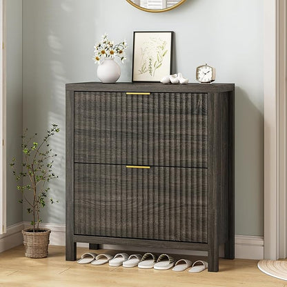 YOMILUVE Shoe Cabinet Storage for Entryway, Fluted Shoe Cabinet with 2 Flip Drawers, Hidden Shoe Rack Tall Freestanding Shoe Organizer with Legs for Hallway, Dark Gray