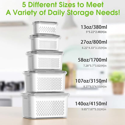 BOICHU Fruit Storage Containers for Fridge - 5 Size Berry Containers for Fridge Keep Fresh with Colanders and Vent Handle Lids, Clear Vegetable Storage Containers for Refrigerator, Lettuce Keeper