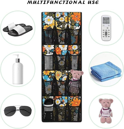 Hippie Flowers Space Saving Hanging Shoe Organizer,Entryway Bedroom Bathroom Storage Bags with 12 Mesh Large Pockets,Unique Print