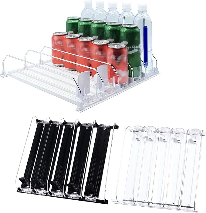 Drink Soda Can Dispenser For Refrigerator, Spring Loaded Fridge Drink, Width Push Rod Slide Rail Soda Can 38cm(Black)