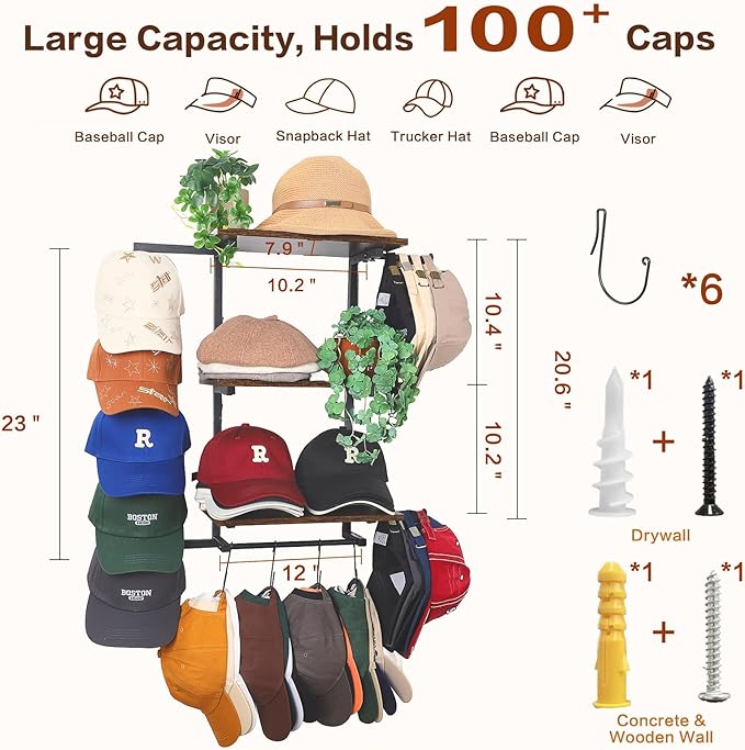 Keebofly Hat Rack for Wall with Shelf for Handbags, Purse,Bennies, Perfumes & Cosmetics Display, Hat Holder Storage for 100+ Caps, Baseball Cap Organizer & Beanie Holder for Closet, Entryway, Bedroom