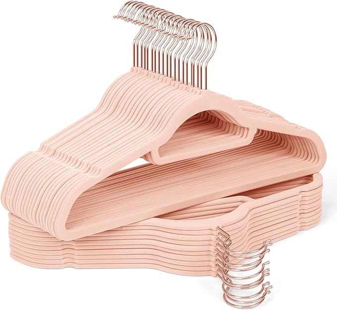Sishynio Velvet Hangers 30 Pack with Rose Gold Hooks, Non-Slip, Space Saving & Heavy Duty Slim Flocked Hangers for Clothes, Dresses, Suits, Coats & Pants(Pink)