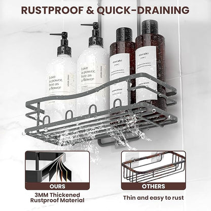 REINHARDT Shower Caddy Hanging, Rustproof Bathroom Caddy Anti-Swing Shower Organizer No Drilling Bath Racks with Soap Holder Multi Hooks Bathroom Storage for Shampoo Sponge, Grey