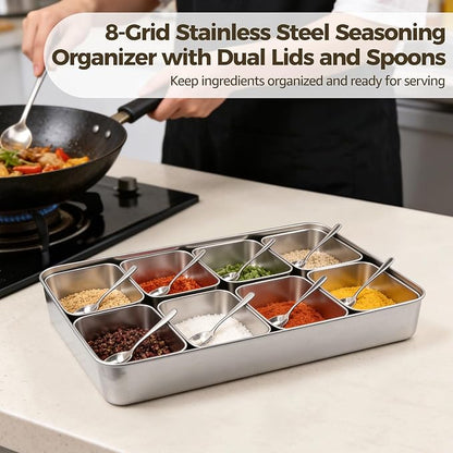 ZALIR 8 Grid Stainless Steel Yakumi Pan, Multi Compartment Yakumi Pans, Condiment Containers, Multi Compartment Food Containers for Herbs, Spices