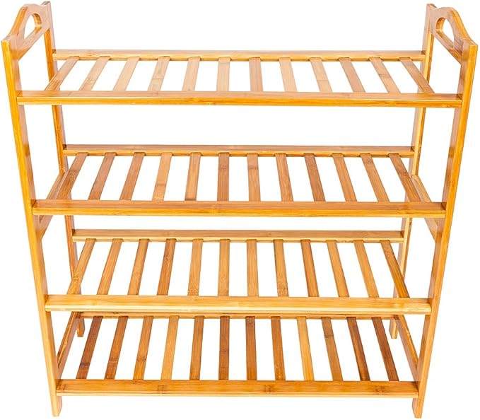 Bamboo Shoe Rack with Handle 4 Tier 16 Pairs Free Standing Shoe Shelf Storage Organizer for Entryway & Closet, Wood Color