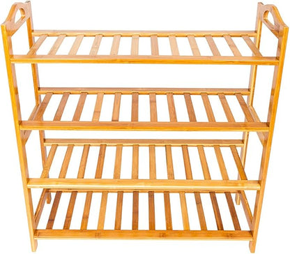 Bamboo Shoe Rack with Handle 4 Tier 16 Pairs Free Standing Shoe Shelf Storage Organizer for Entryway & Closet, Wood Color