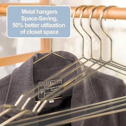SPECILITE Metal Wire Clothes Hangers Bulk 60 Pack with Notches for Standard Size Coats, Shirts, Suits, Pants, Heavy Duty, Space-Saving, Gold