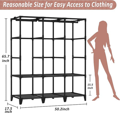 Wardrobe Closet, Quick and Easy Assembly, Gray Large Capacity Portable Closet with 3 Hanging Rods 6 Storage Shelves and 8 Side Pockets, Clothes Rack with Cover, for Bedroom and Living Room