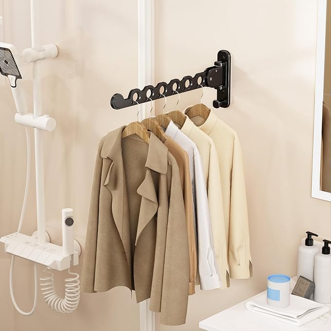 Wall Mounted Clothes Hanger Rack Folding Wall Mounted Clothes Hanger for Laundry (Black)