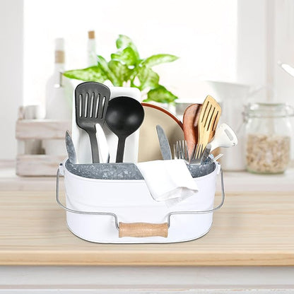 Light & Pro Farmhouse Rustic Silverware Utensil Carry All Caddy- Galvanized Utensil Caddy with Wooden Handle for Kitchen Counter, Silverware Organizer for Flatware, Condiments, Party Supplies - White