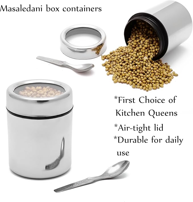 VISAXMI® Masala Box for Kitchen | Spice Box Stainless Steel | Masala Dabba Steel | Spice Container | Spice Organizer With See through lid | Masala Dani for Kitchen 175ml Each - (Silver)