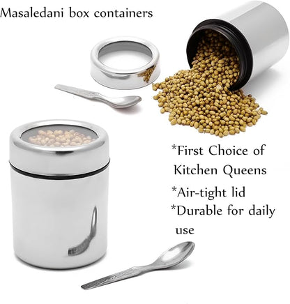 VISAXMI® Masala Box for Kitchen | Spice Box Stainless Steel | Masala Dabba Steel | Spice Container | Spice Organizer With See through lid | Masala Dani for Kitchen 175ml Each - (Silver)