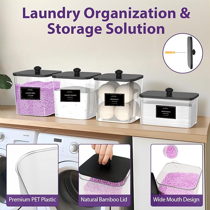 COAZEX 3+1 Pack Clear Laundry Pods Container & Dryer Sheet Holder, Plastic Square Laundry Room Organization and Storage Jars with Black Lids, Scoops & Labels for Detergent, Powder, Dryer Balls