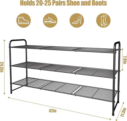 3-Tier Long Metal Shoe Rack,Extra Large Capacity Adjustable Stackable Shoe Organizer Shelf for Closet Entryway,Bronze 42" W × 24.5" H