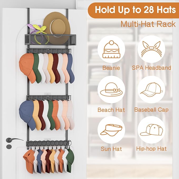 3 Tier Over Door Hat Organizer with Basket, Hat Rack for Baseball Cap with 18 Hooks and 10 Movable Clips,Hat Hanger Storage Holds up to 30+ Caps for Door, Bedroom, Closet (Black)