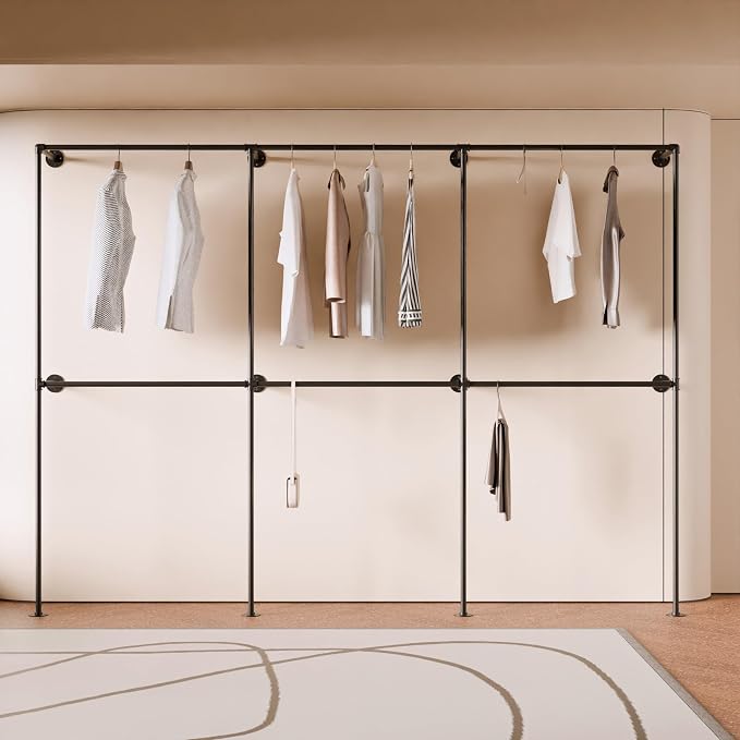 Black Industrial Pipe Clothing Rack 110" W Wall Mounted, Heavy Duty Iron Garment Rack 150 lbs per Rod, Open Closet Organizer for Bedroom Laundry Room Retail Display