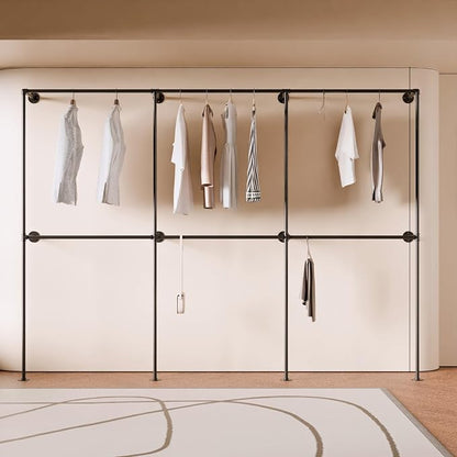 Black Industrial Pipe Clothing Rack 110" W Wall Mounted, Heavy Duty Iron Garment Rack 150 lbs per Rod, Open Closet Organizer for Bedroom Laundry Room Retail Display