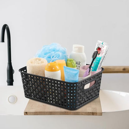 6 Pack Plastic Pantry Weave Storage Basket Bin, Black
