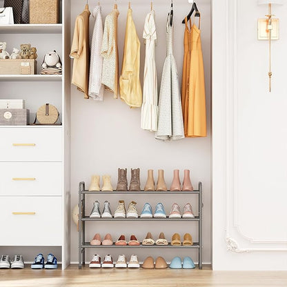 VILICK 3 Tier Shoe Rack 33" Wide Metal Shoe Organizer Long Shoe Storage with 4 Side Hooks Sturdy Shoes Shelf for Front Door Entrance, Closet, Garage, Dorm, Grey