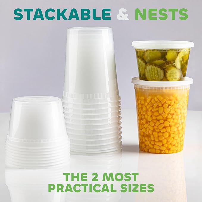 JoyServe 16 Sets Deli Containers with Lids – 16oz & 32oz – Leak Proof, Microwaveable, Dishwasher & Freezer Safe – Plastic Food Storage & Soup Containers