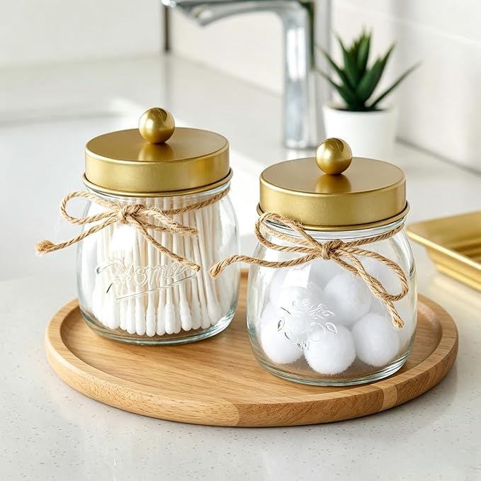 SheeChung 3Pack Warm Golden Undertones Bathroom Decor, Cotton Swab Holders, Bathroom Container Set, Restroom Decor for Cotton Round Pads, Balls, Floss Pick - Brushed Gold