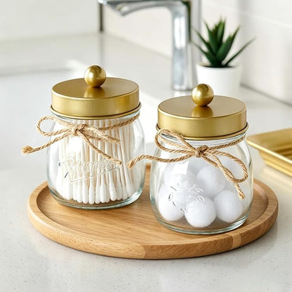 SheeChung 2 Pack Qtip Holder for Bathroom, Cotton Swab Holders, Cute Mason Jars Decor, Bathroom Decor and Accessories for Cotton Round Pads, Balls, Floss Pick - Brushed Gold