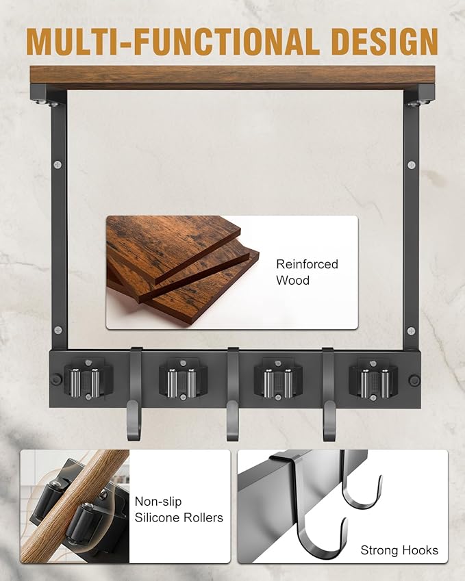 Supforce Broom Holder Wall Mount with Top Wooden Shelf, Heavy Duty Metal Cleaning Supplies Broom Hanger with 4 Slots & 3 Hooks for Laundry Garage Tool Storage Kitchen (Small)