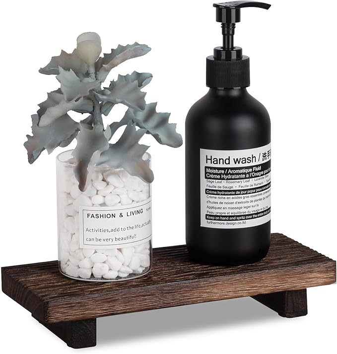 Bathroom Tray Farmhouse Decor Pedestal Stand Wood Riser Display Kitchen Accessories Soap Holder for Sink, Counter, Vanity, 8.7 * 3.6 Dark Brown