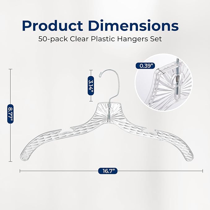 SereneLife 50 Pack Transparent Plastic Hangers, Crystal Clear, Non-Slip with Notched Shoulders, Ultra-Thin Space Saving, Closet & Retail Use, with Swivel Hook for Clothes, Shirts, Dresses, Jackets