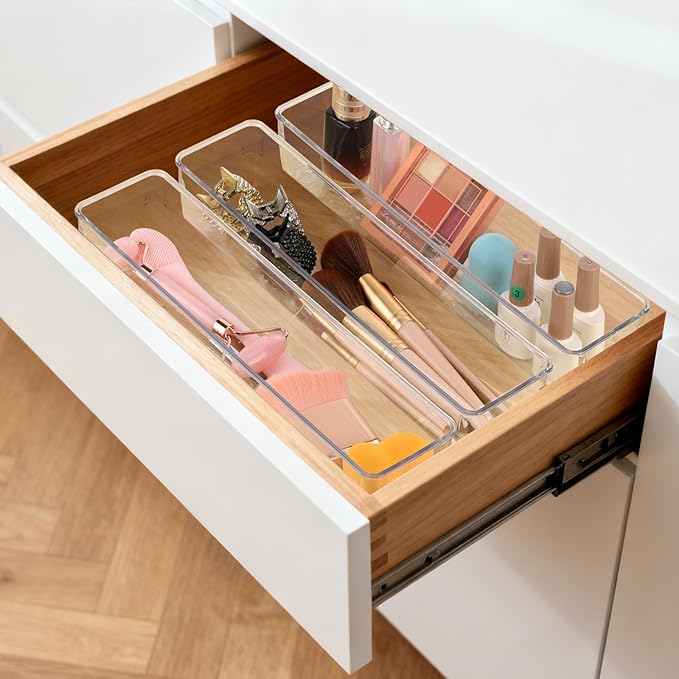 6 Pcs Large Clear Plastic Drawer Organizers Tray 12"x3" Storage Bins with 25 Pcs Non-Slip Pads for Makeup, Jewelries, Kitchen Utensils, Bathroom and Office