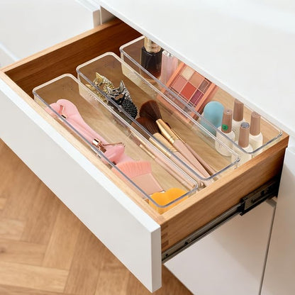 6 Pcs Large Clear Plastic Drawer Organizers Tray 12"x3" Storage Bins with 25 Pcs Non-Slip Pads for Makeup, Jewelries, Kitchen Utensils, Bathroom and Office