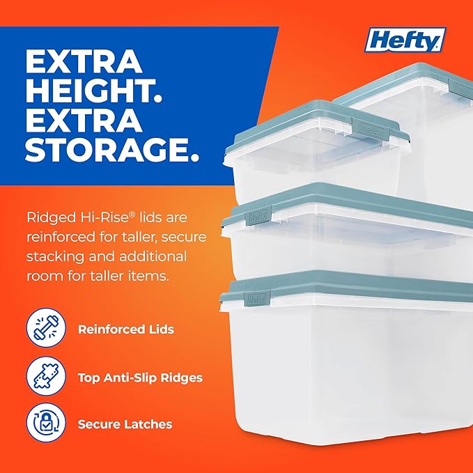 Hefty HI-RISE 32 Qt Stackable Storage Bins with Lids – 6 Pack Clear Plastic Under Bed Storage Containers, Shoe Organizer Boxes with XL Lid-Locking Latches, Comfort-Grip Handles, Durable Double Rim