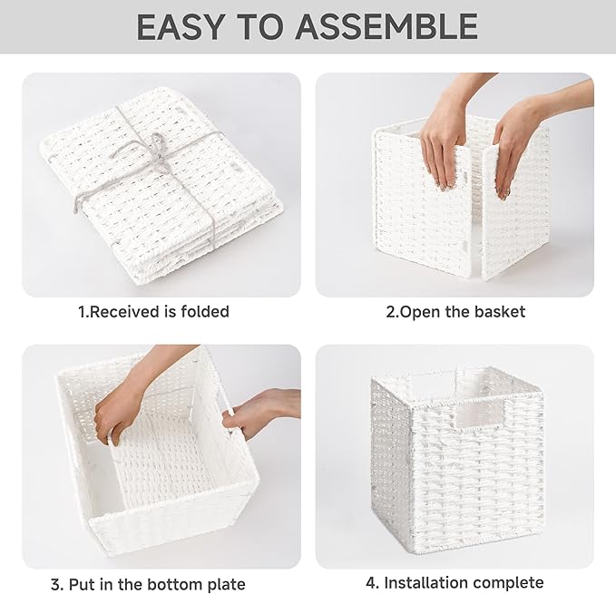 StorageWorks 9 inch Wicker Storage Cubes, Handwoven Wicker Baskets for Storage, Square Cube Basket, Foldable Paper Rope Basket for Organizing, White, 2 Pack