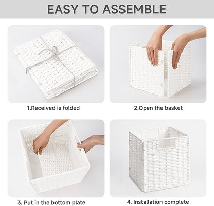 StorageWorks 9 inch Wicker Storage Cubes, Handwoven Wicker Baskets for Storage, Square Cube Basket, Foldable Paper Rope Basket for Organizing, White, 2 Pack