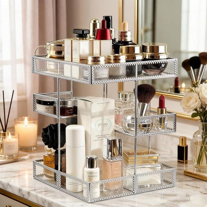 360 Degree Rotation Cosmetic Organizer -Premium Makeup Storage with Spin Base,Antique Countertop Cosmetic Storage,Large Capacity,Beauty Display for Countertop,Vanity or Bathroom (silver)