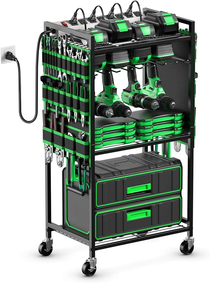JUNNUJ Large Power Tool Organizer Cart with Charging Station, Garage Floor Standing Rolling Drill and Tools Battery Storage Cart on Wheels, Heavy Duty Rack Shelf with 8 Outlet 10 FT Power Strip, Green