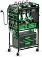 JUNNUJ Large Power Tool Organizer Cart with Charging Station, Garage Floor Standing Rolling Drill and Tools Battery Storage Cart on Wheels, Heavy Duty Rack Shelf with 8 Outlet 10 FT Power Strip, Green