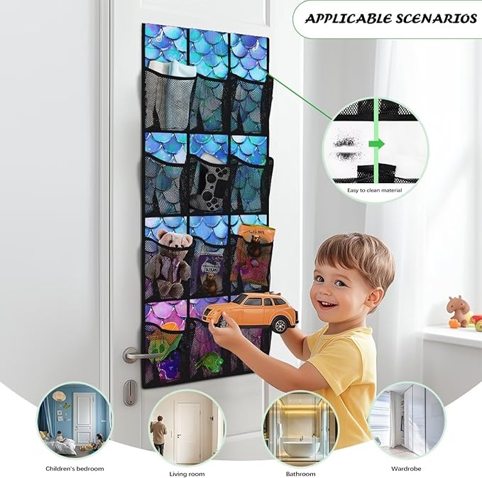 Over the Door Organizer with 12 Mesh Pockets, Space Saving Hanging Storage for Bedroom, Bathroom, Pantry, Clear View Window & Reinforced Mesh Pockets,Fish Scale