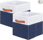 ShellKingdom Storage Bins, Two-Tone Foldable Fabric Storage Cubes with Leather Handle for Closet Toys Clothes Storage Organizer Drawer, 10.5 X 10.5 X 11 inch (White/Dark Blue)