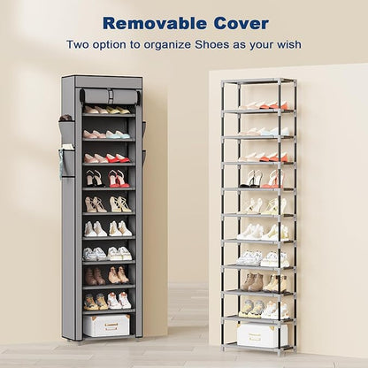 Mavivegue Shoe Rack with Cover, 10 Tier Tall Shoe Organizer for 18-22 Pairs of Shoes, Shoe Storage Organizer for Entryway, Closet, Garage, Grey, S