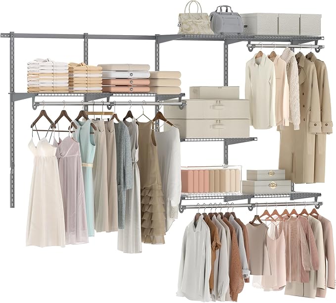 Giantex Closet Organizer System, 4-8 FT Wall-Mounted Closet Shelves and Rod, Adjustable Closet Organization w/ Hanging Rod, DIY Expandable Modular Metal Wire Shelving for Laundry Bedroom (Grey)