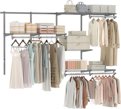 Giantex Closet Organizer System, 4-8 FT Wall-Mounted Closet Shelves and Rod, Adjustable Closet Organization w/ Hanging Rod, DIY Expandable Modular Metal Wire Shelving for Laundry Bedroom (Grey)